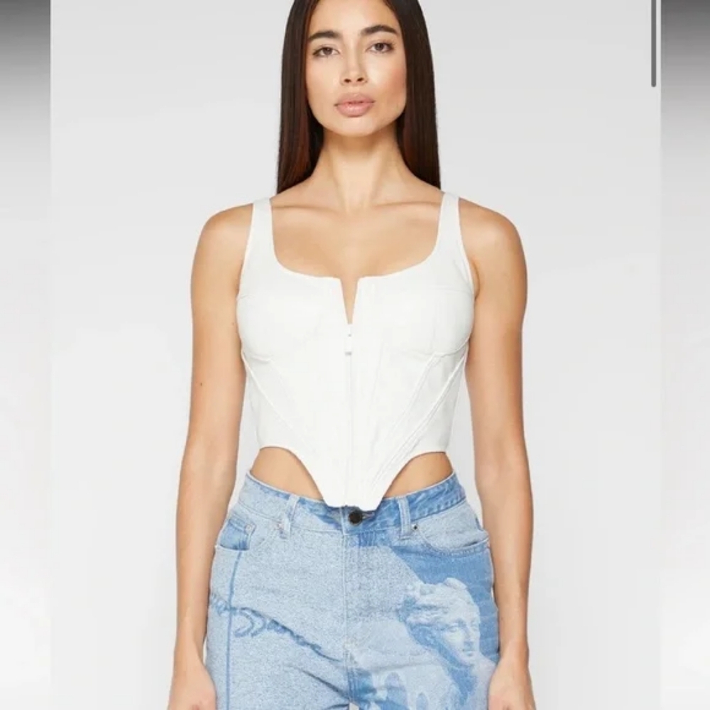 NWT Maniere De Voir Vegan Leather Corset Top in White US Size 6 EU 38 Zip
